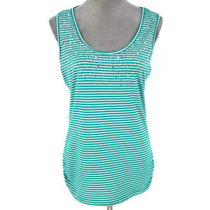 Cache Top Womens XL Green White Stripe Stretch Knit Rhinestones Pullover Tank